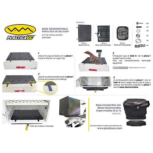 BASE DESMONTABLE EXTRAIBLE PARA CAJA DE DELIVERY - C/2 LLAVES KIT E INSTRUCTIVO PLASTICA VC (1099)