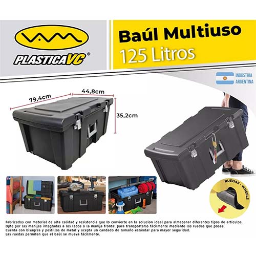 BAUL MULTIUSO 79,4X44,8X35,2 125 LITROS C/TAPA/MANIJA/RUEDA PLASTICA VC (1120)