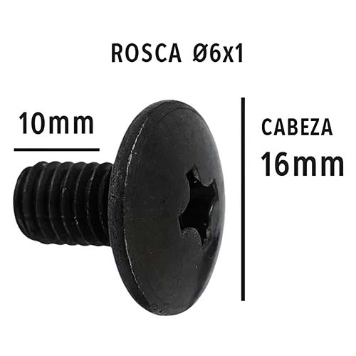 TORNILLO M6X10 NEGRO P/PLASTICOS CABEZA Ø 16mm X UNIDAD PLASTICA VC (T006N)