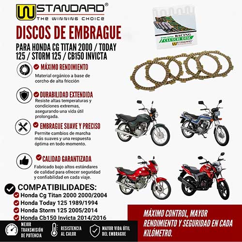 DISCO DE EMBRAGUE HONDA CG TITAN 2000/TODAY/STORM/CB150 INVICTA (5PCS) STD